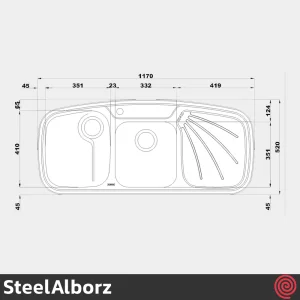 سینک ظرفشویی استیل البرز مدل SteelAlborz 614/52 | دو لگنه فانتزی توکار