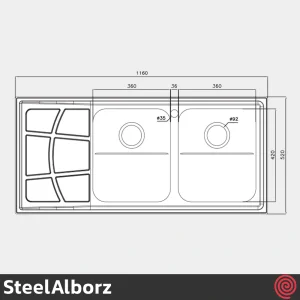 سینک ظرفشویی استیل البرز مدل SteelAlborz 762/52 | دو لگنه فانتزی توکار