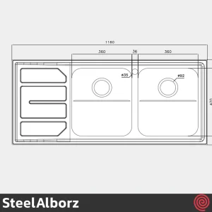 سینک ظرفشویی استیل البرز مدل SteelAlborz 763/52RED | دو لگنه فانتزی توکار