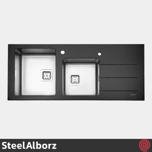سینک ظرفشویی استیل البرز مدل SteelAlborz Crystal | رنگ مشکی، دو لگنه کریستال توکار
