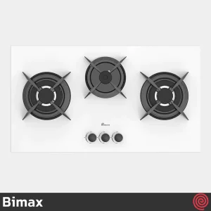 اجاق گاز صفحه ای 3 شعله بیمکث مدل Bimax 5083 | رنگ سفید، بدنه شیشه ای با دو پلوپز