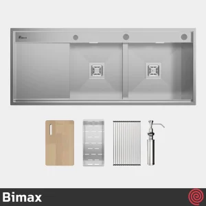 سینک ظرفشویی بیمکث مدل Bimax 4704A-50 | دو لگنه فلاش مونت باکسی توکار