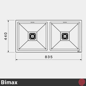 سینک ظرفشویی بیمکث مدل Bimax 725-44 | دو لگنه زیرکابینتی باکسی توکار