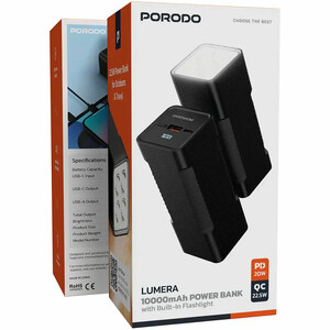 بهترین پاوربانک 10000 پورودو Porodo مدل PDPBFCHT41BK چراغ دار