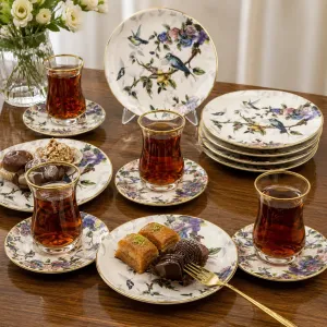 سرویس چای‌خوری ۱۸ پارچه سرامیکی گونول ترکیه طرح پرنده
