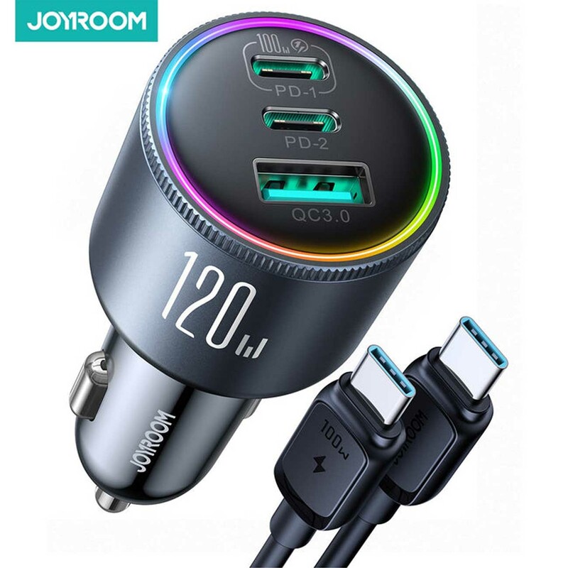 شارژر فندکی سوپر فست شارژ ماشین تایپ سی 120 وات با کابل دو سر تایپسی جویروم JR-CCN07