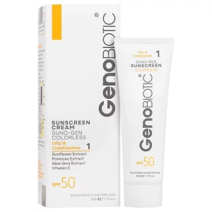 کرم ضد آفتاب بی رنگ پوست های چرب SPF50 سانو ژن ژنوبایوتیک