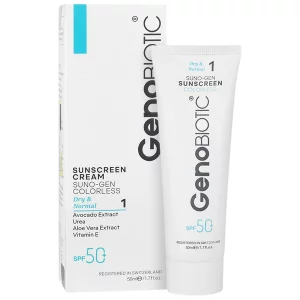 کرم ضد آفتاب بی رنگ پوست خشک SPF50 سانوژن ژنوبایوتیک