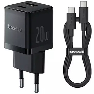 شارژر دیواری 20 وات فست شارژ Type-C و USB بیسوس با کابل دو سر تایپ سی CCZC20UE