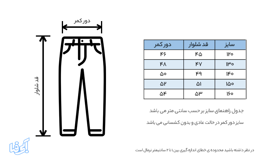 راهنمای سایز شلوار جین بچگانه مدل KEF