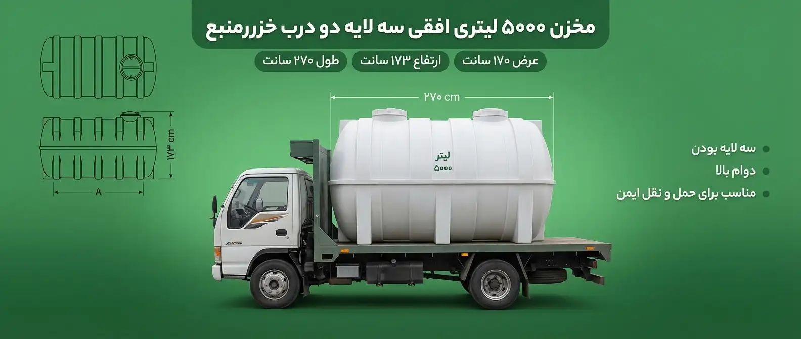 منبع ۵۰۰۰ لیتری افقی سه لایه دو درب خزرمنبع