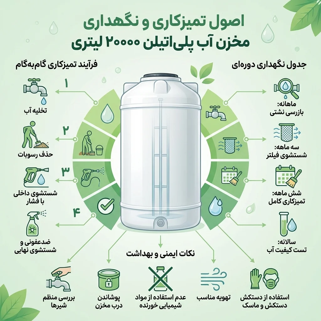  خرید مخزن آب ۲۰۰۰۰ لیتری پلی&zwnj;اتیلن | مشخصات فنی و روش نصب