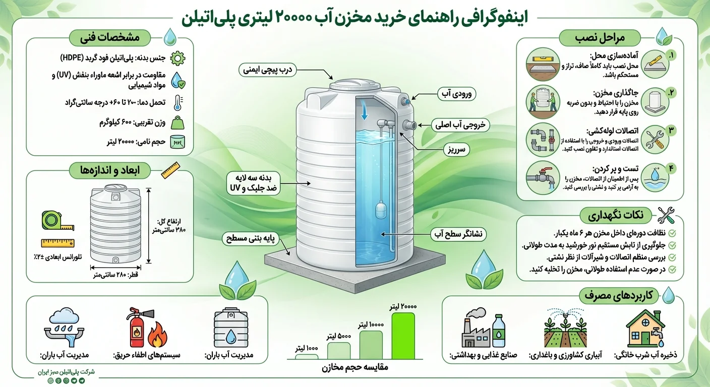 راهنمای خرید مخزن آب ۲۰۰۰۰ لیتری پلی&zwnj;اتیلن | مشخصات فنی و روش نصب