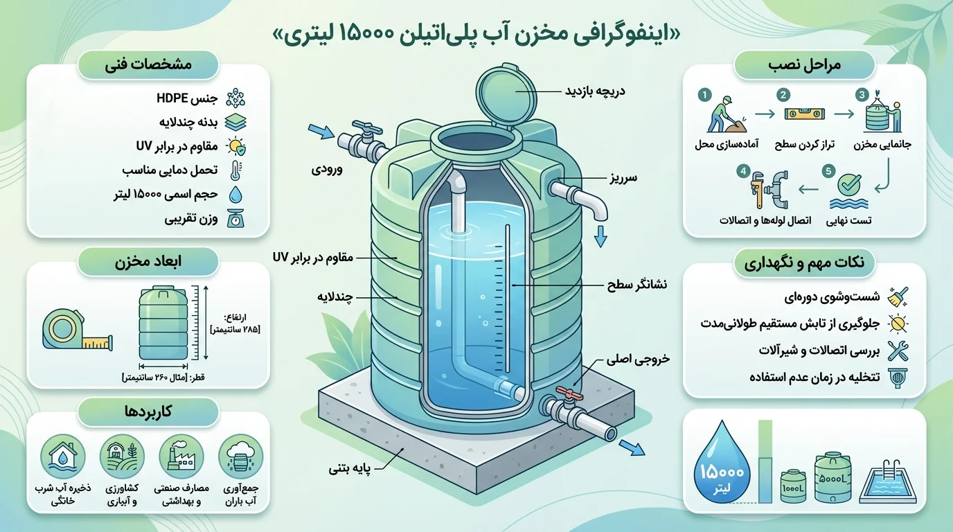 راهنمای خرید مخزن آب ۱۵۰۰۰ لیتری پلی&zwnj;اتیلن | مشخصات و روش نصب