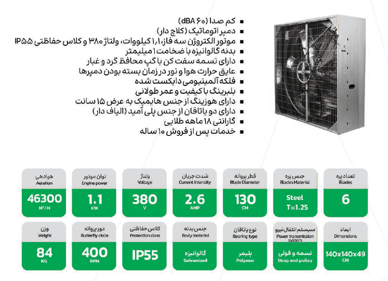 مشخصات فنی هواکش 140 شش پر فلزی پره استیل مدل FS6-140
