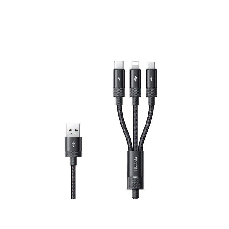 کابل شارژ چندکاره مک‌دودو CA-5790 | جریان ۳ آمپر، تایپ‌سی، لایتنینگ و میکرو | شارژ سریع و انتقال داده ۱.۲ متر