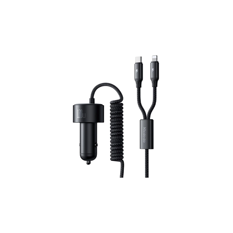 شارژر فندکی مک‌دودو CC‑0370 | با 2 پورت ۱۲۰ وات + کابل Type‑C و Lightning