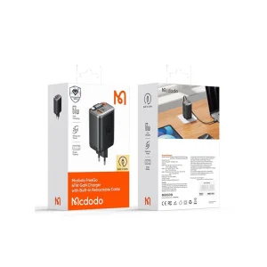 تصویر شارژر 3 پورت 67W مک دودو CH-4100 GaN | آداپتور لپ‌تاپ با کابل Type-C جمع‌شونده