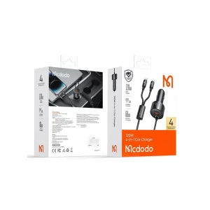 شارژر فندکی مک‌دودو CC-0370 با توان 120 وات، امکان شارژ سریع 4 دستگاه با کابل فنری Type-C & Lightning، گارانتی و ارسال فوری از iDigie