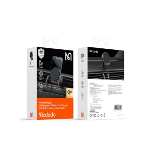 هولدر گوشی وایرلس و شارژر فندکی مک‌دودو CH-0090، با توان ۱۵W و کابل جمع‌شونده.
