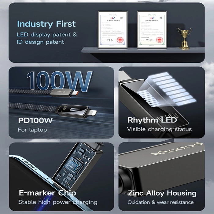 کابل شارژ هوشمند مکدودو CA-4960 با طول 1.2 متر، تجربه شارژ سریع و بصری با نمایشگر LED ریتمیک