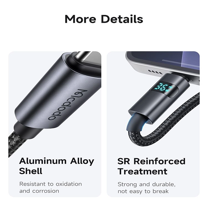 کابل شارژ مکدودو CA-6570 با قابلیت شارژ سریع 36 وات، انتقال داده پرسرعت، نمایش لحظهای توان و پشتیبانی از کارپلی