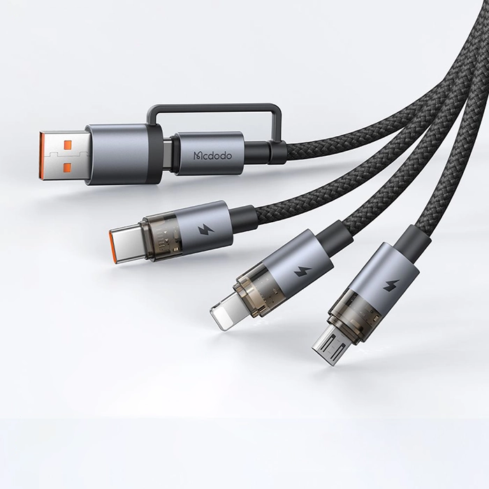 کابل شارژ چندکاره مکدودو CA-7260، راهحل جهانی برای شارژ دستگاههای مختلف با تایپ سی، لایتنینگ و میکرو، توان 100 وات و طول 1.2 متر