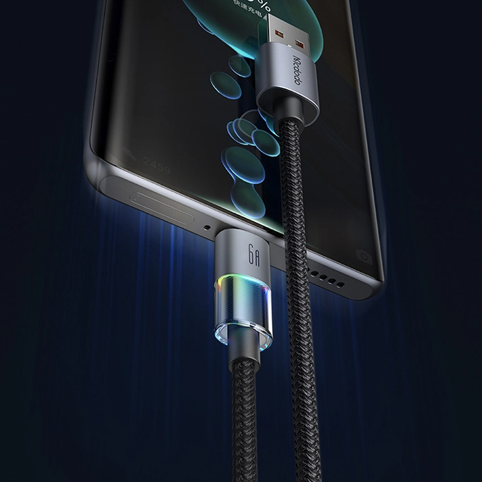 تصویر کابل مکدودو CA-8180 با کانکتور Type-C و چراغهای LED روشن در محیط تاریک