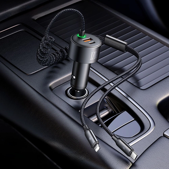 شارژر فندکی مک‌دودو CC-0370، بهترین انتخاب برای شارژ سریع و همزمان 4 دستگاه در خودرو با کابل فنری Type-C & Lightning، گارانتی و ارسال فوری از iDigie