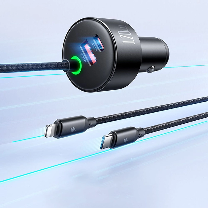 شارژر فندکی مک‌دودو CC-0370، راه‌حل مناسب برای شارژ همزمان 4 دستگاه در خودرو با توان 120 وات، کابل فنری Type-C & Lightning، گارانتی و ارسال فوری از iDigie