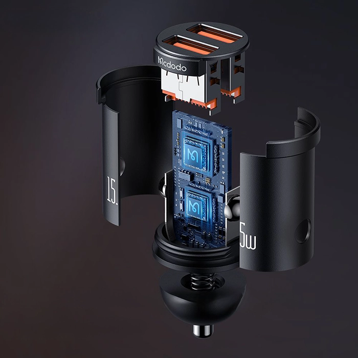 شارژر فندکی مک‌دودو CC-2950 با توان 15.5 وات، امکان شارژ همزمان دو دستگاه با 2 پورت USB