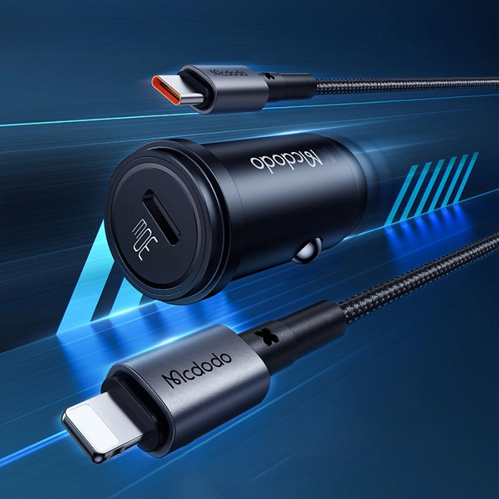 شارژر فندکی مک‌دودو CC-7492 با توان 30 وات، فست شارژ PD و کابل Type-C به Lightning برای شارژ سریع آیفون