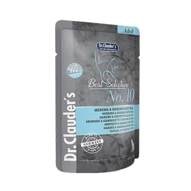 پوچ گربه بالغ دکتر کلادرز Best Selection No.10 با شاه‌ماهی، میگو و دانه چیا Dr. Clauder’s Best Selection Adult No.10 Herring & Shrimp with Chia