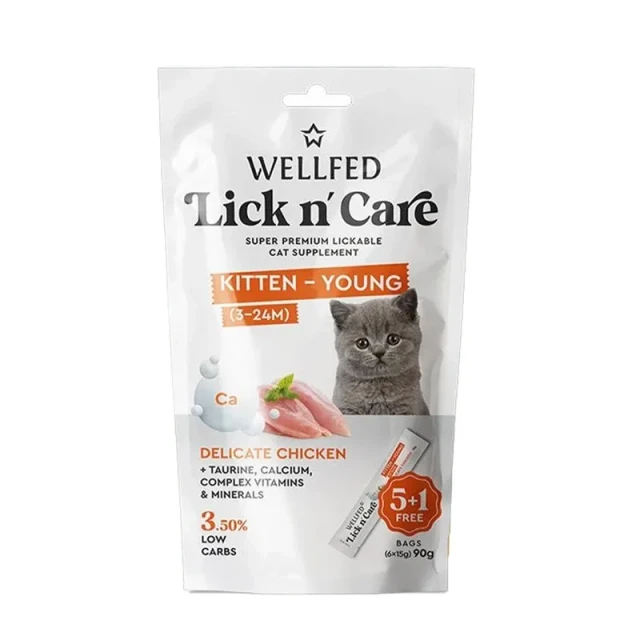 بستنی مونوپروتئین بچه‌گربه ولفد Lick n’ Care با طعم مرغ WELLFED Lick n’ Care Kitten-Young Monoprotein Chicken Cat Treat