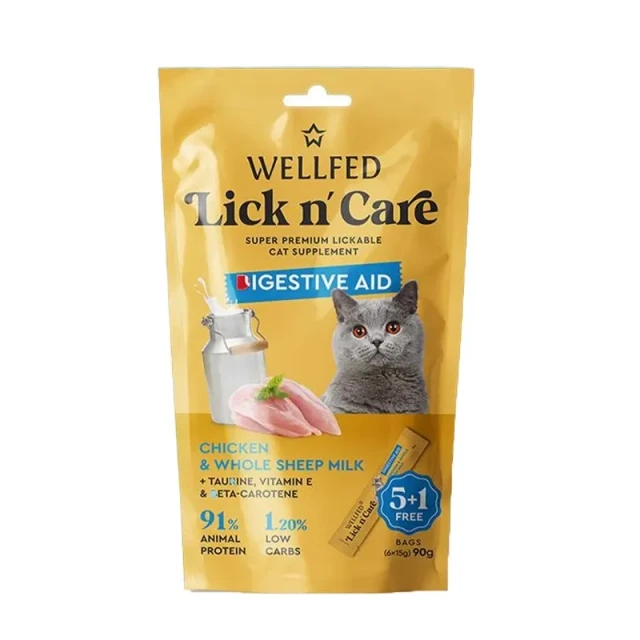 بستنی گربه ولفد Lick n’ Care مخصوص کمک به سلامت گوارش با طعم مرغ و شیر کامل گوسفند WELLFED Lick n’ Care Digestive Aid Chicken & Whole Sheep Milk