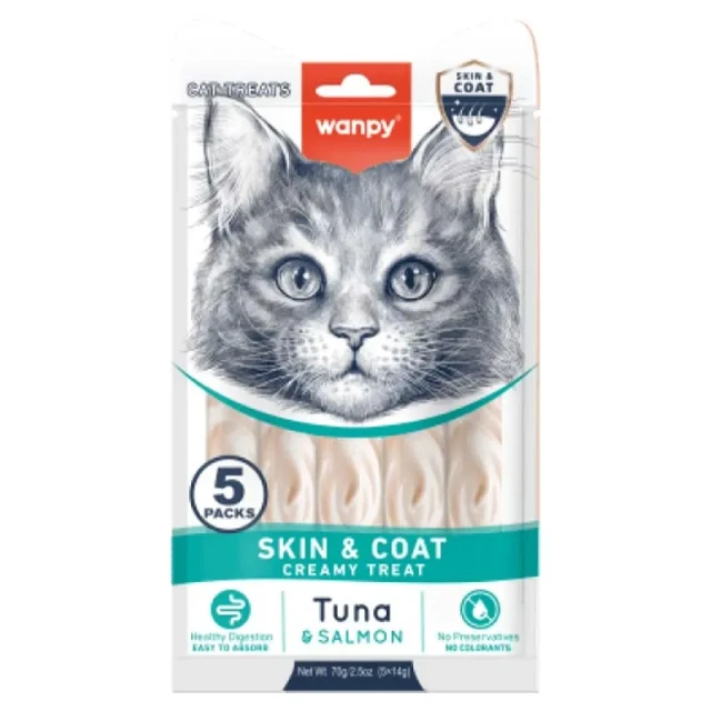 بستنی گربه ونپی Skin & Coat با طعم ماهی تن و سالمون WANPY Skin & Coat Creamy Treat Tuna & Salmon for Cats