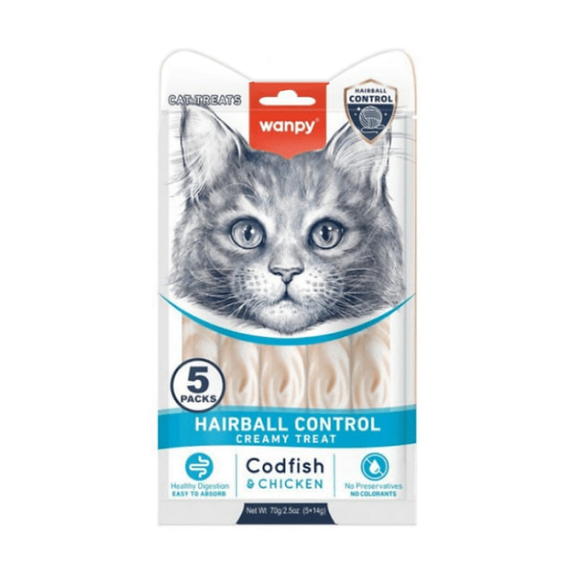 بستنی گربه ونپی Hairball Control با طعم ماهی کاد و مرغ WANPY Hairball Control Creamy Treat Codfish & Chicken for Cats