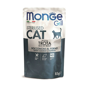 پوچ گربه عقیم‌شده مونژه با طعم ماهی قزل‌آلا در ژله Monge Grill Sterilised Cat Chunkies in Jelly Rich in Trout