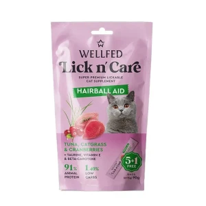 بستنی گربه ولفد Lick n’ Care آنتی‌هربال با طعم ماهی تن، علف گربه و کرن‌بری WELLFED Lick n’ Care Hairball Aid Tuna, Catgrass & Cranberries