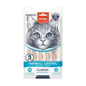 بستنی گربه ونپی Hairball Control با طعم ماهی کاد و مرغ WANPY Hairball Control Creamy Treat Codfish & Chicken for Cats