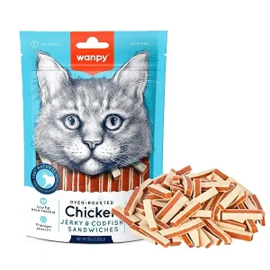 تشویقی ساندویچی گربه ونپی با مرغ و ماهی کاد WANPY Chicken Jerky & Codfish Sandwiches for Cats