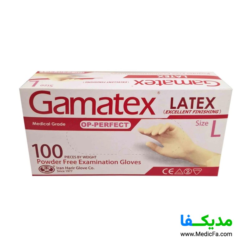 دستکش لاتکس حریر مدل گاماتکس بسته 100 عددی سایز L