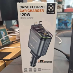 قیمت شارژر فندکی فست شارژ ماشین تایپسی و یواسبی 120 وات مکسول با کابل متصل تایپسی و لایتنینگ