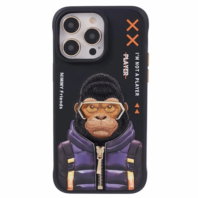 قاب محافظ گوشی آیفون 15 پرومکس طرح گوریل با عینک و زیپ واقعی نیمی