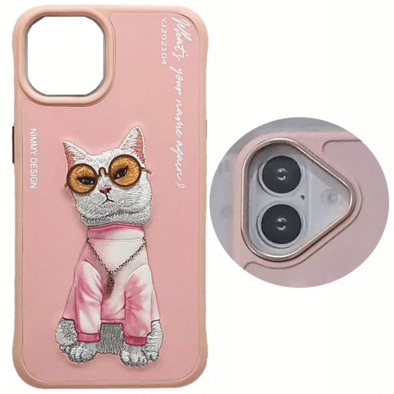 قاب محافظ گوشی آیفون 16 طرح گربه با زنجیر و عینک واقعی نیمی YJ202104