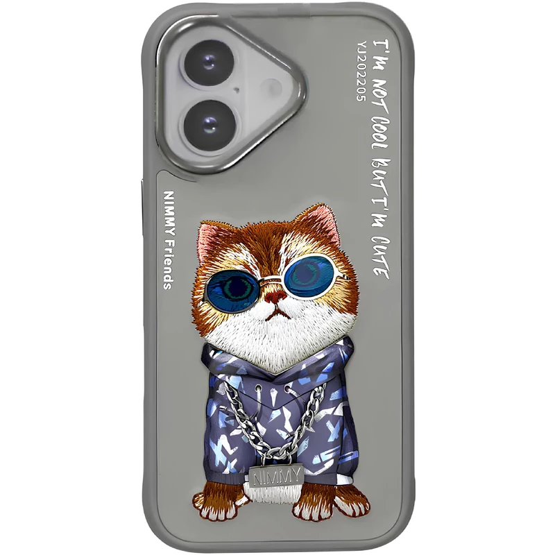 قاب محافظ گوشی آیفون 16 طرح گربه با عینک و زنجیر واقعی و خز گلدوزی شده نیمی YJ202205