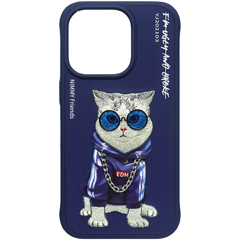 قاب محافظ گوشی آیفون 16 طرح گربه با زنجیر و عینک واقعی نیمی YJ202103