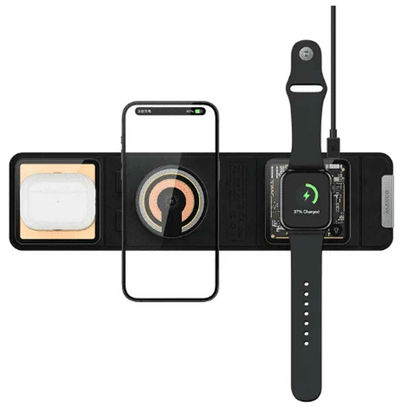 شارژر بی سیم تاشو گوشی آیفون، اپل‌واچ و ایرپادز با طراحی شفاف مکس‌کو MCW-02