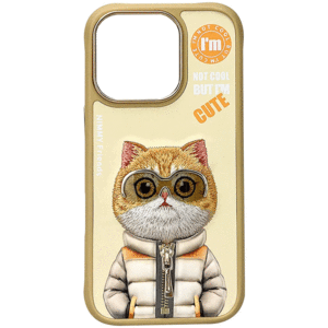 خرید کاور آیفون 16 طرح گربه با عینک و زیپ واقعی نیمی