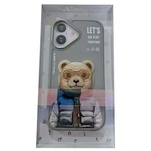 قاب محافظ گوشی آیفون 16 طرح خرس با عینک و زیپ واقعی نیمی Embroidery